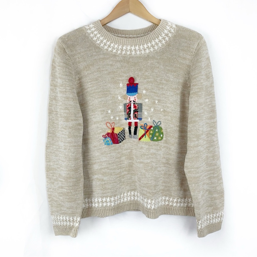Christopher & Banks Beige Sweater with Festive Design
